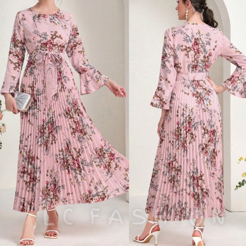 Boho Dress, Floral Print Flounce Sleeve Pleated Hem Belted Dress, summer dress